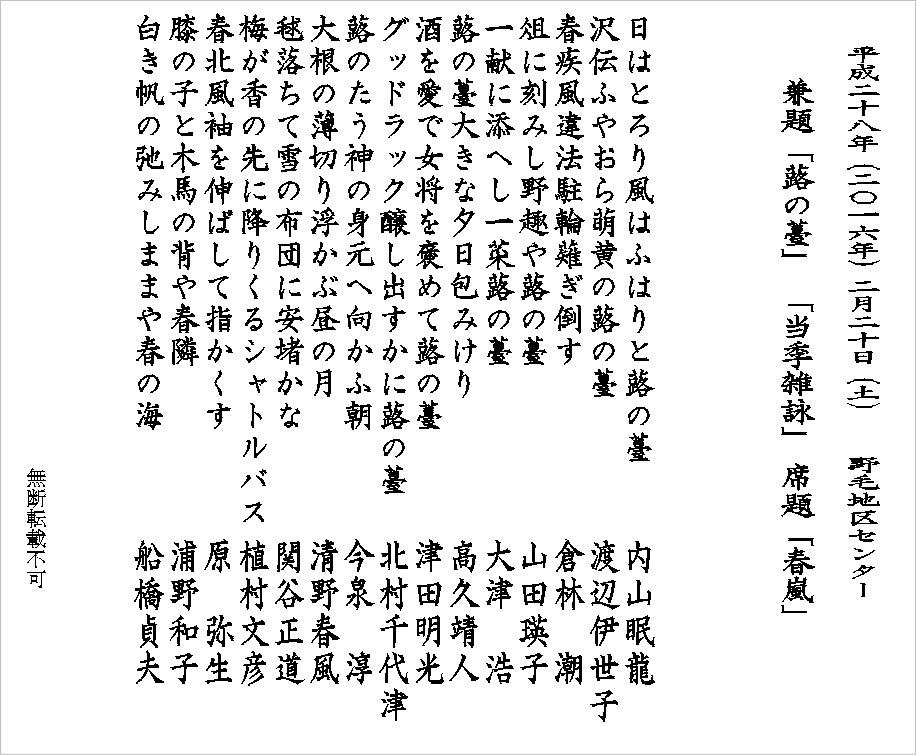 平成28年（2016年）2月20日句会俳句（兼題「蕗の薹」「当季雑詠」席題「春嵐」）